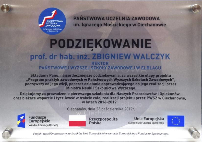 Podziękowania dla Rektora PWSZ w Elblągu